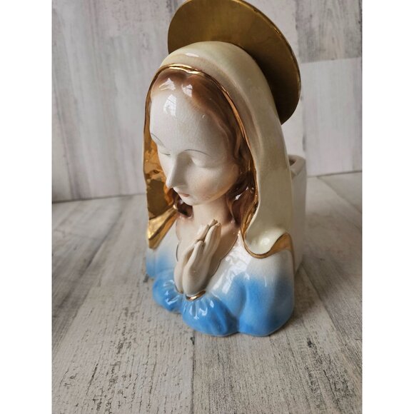 Virgin Mary vintage vase praying statue ceramic basket trinket large 9" tall x 7 - Picture 2 of 9